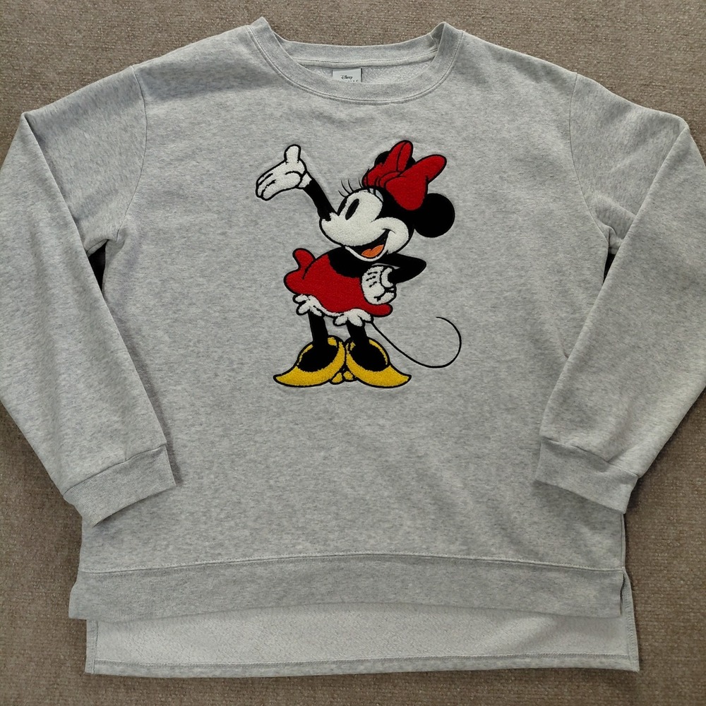 Minnie Mouse Embroidred Applique Womens XL Crew Sweatshirt Light Heathered Gray